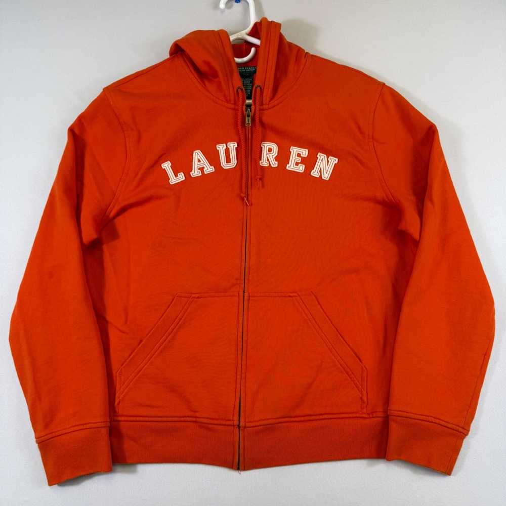 VTG Ralph Lauren Full Zip Hoodie Womens Medium Orange Spellout Logo Sweatshirt